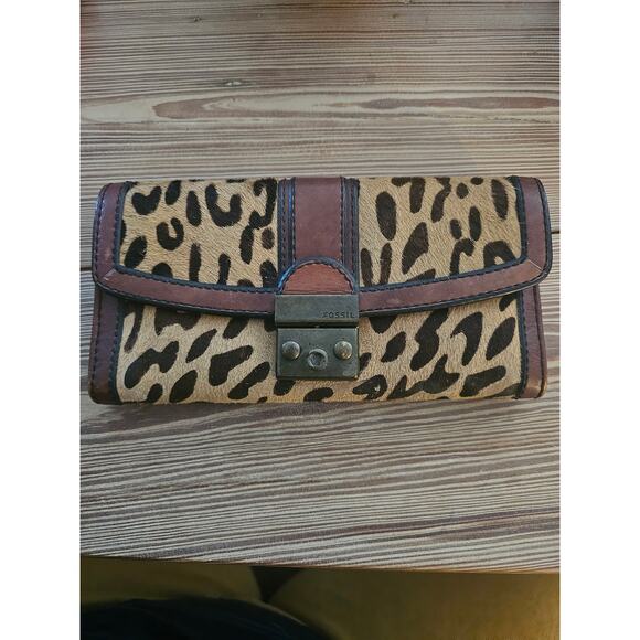 Fossil Full Size Leopard Calf Hair & Brown Leather Wallet - Picture 1 of 15